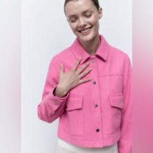 Zara pink cropped shirt jacket pockets metal snaps felt material size XL